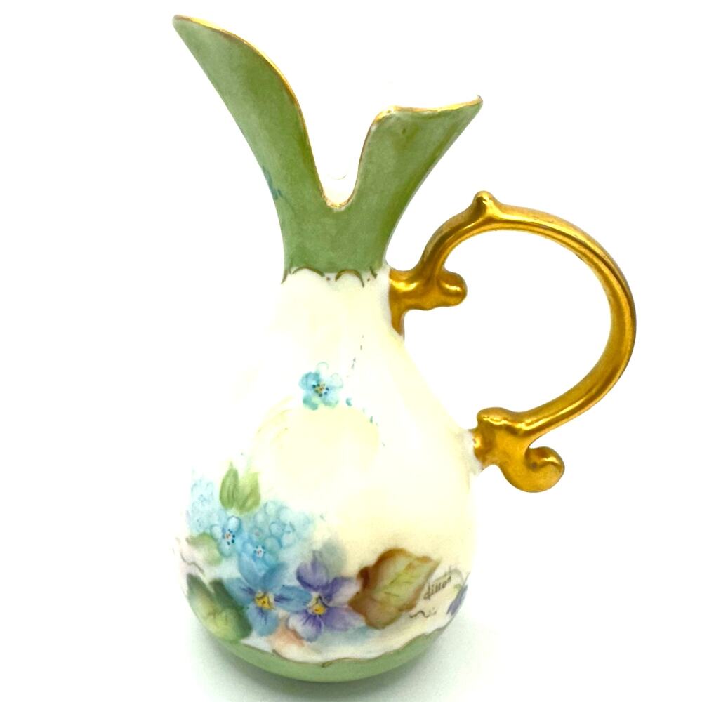 Antique Art Nouveau hand painted violets gold gilt mini pitcher jug vase